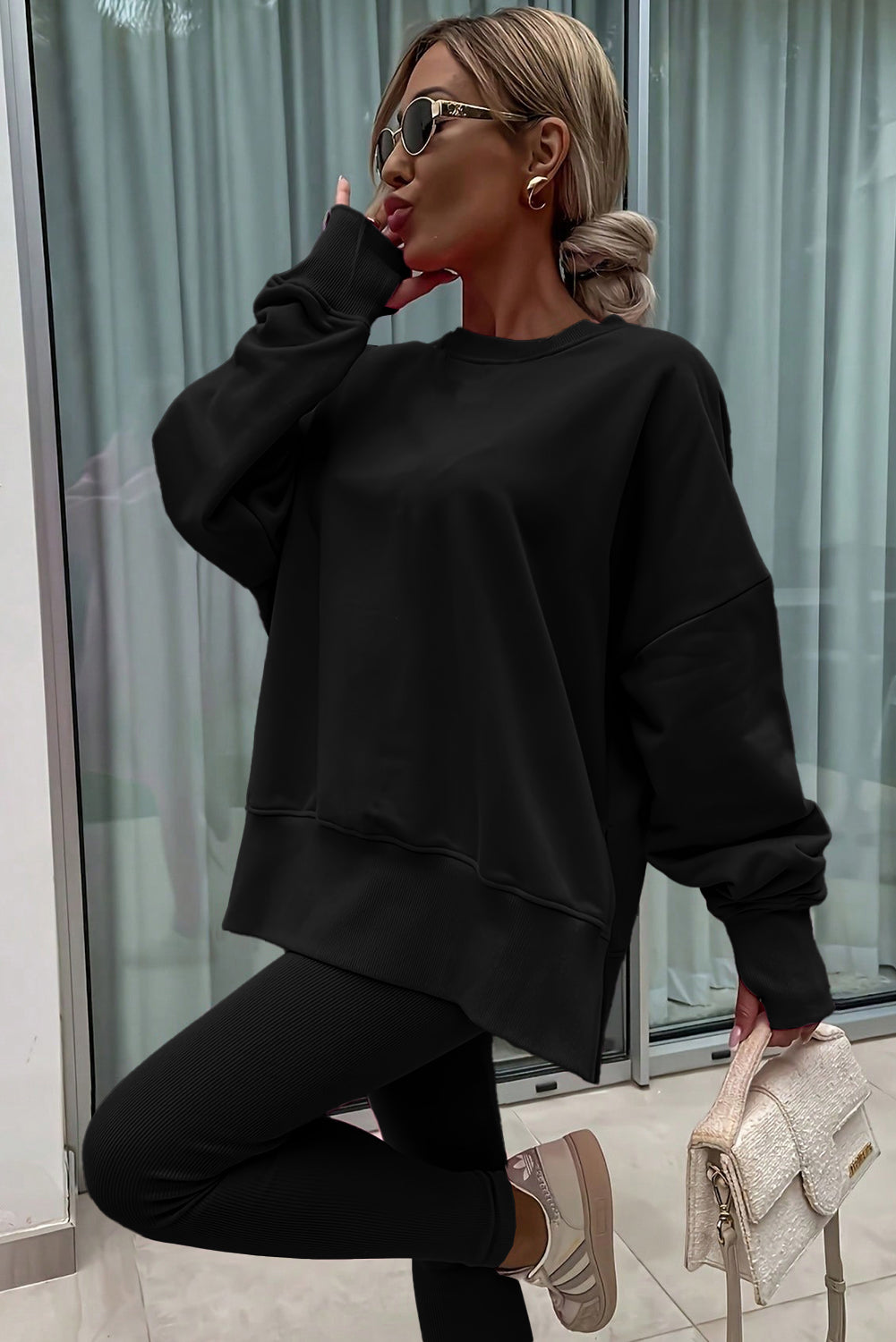 Orchid Mist Solid Color Oversize Slit Sweatshirt Ribbed Leggings 2pcs Set