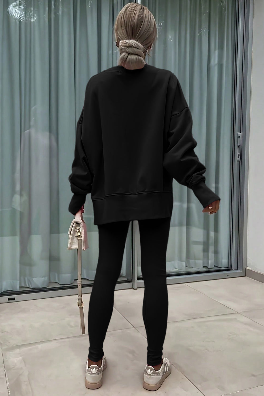 Orchid Mist Solid Color Oversize Slit Sweatshirt Ribbed Leggings 2pcs Set