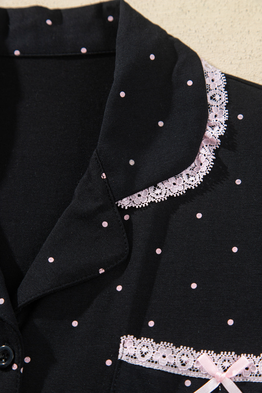 Black Polka Dot Long Sleeve Shirt Lace Detail Two Piece Pajama Pant Set