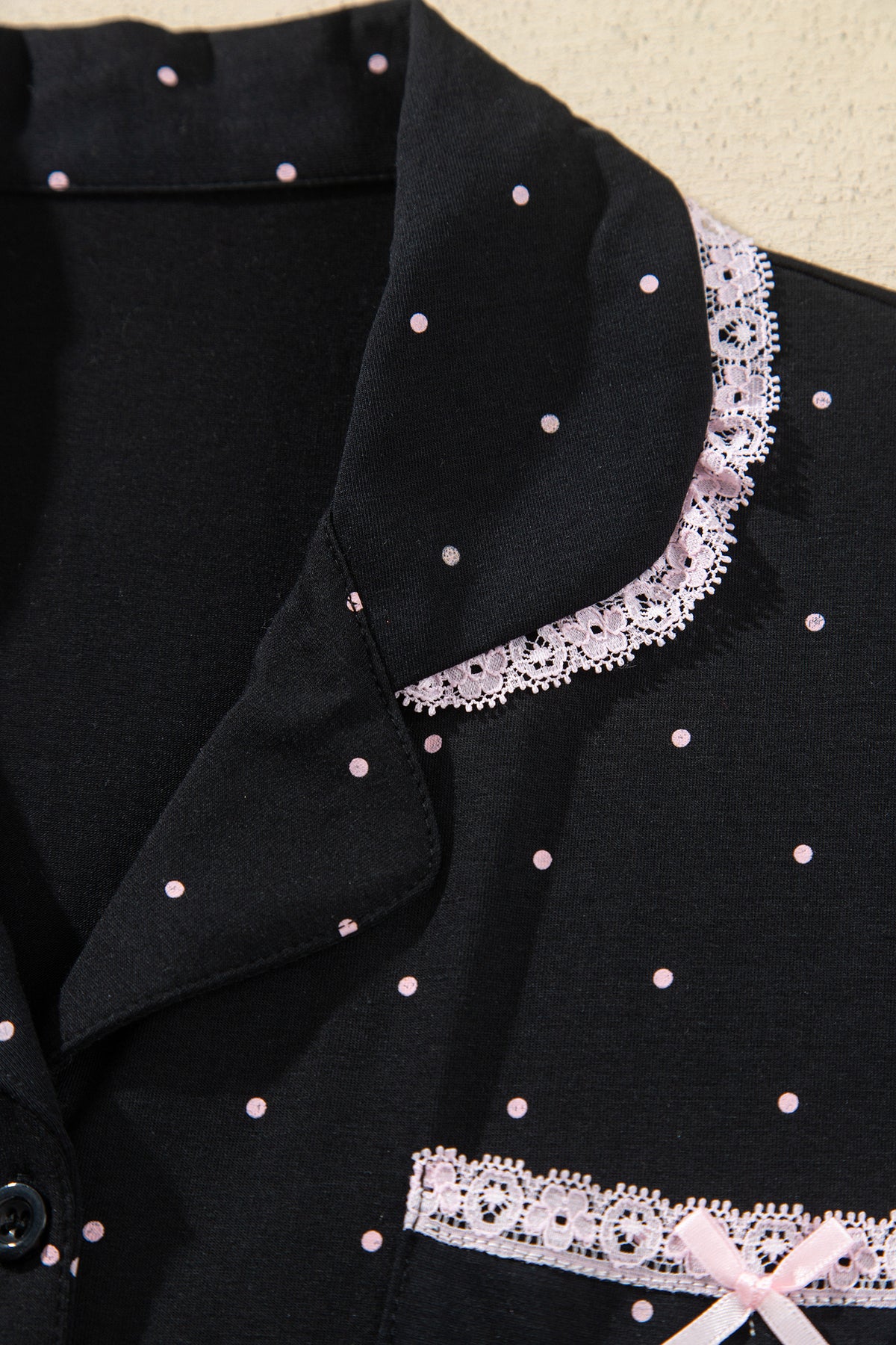 Black Polka Dot Long Sleeve Shirt Lace Detail Two Piece Pajama Pant Set