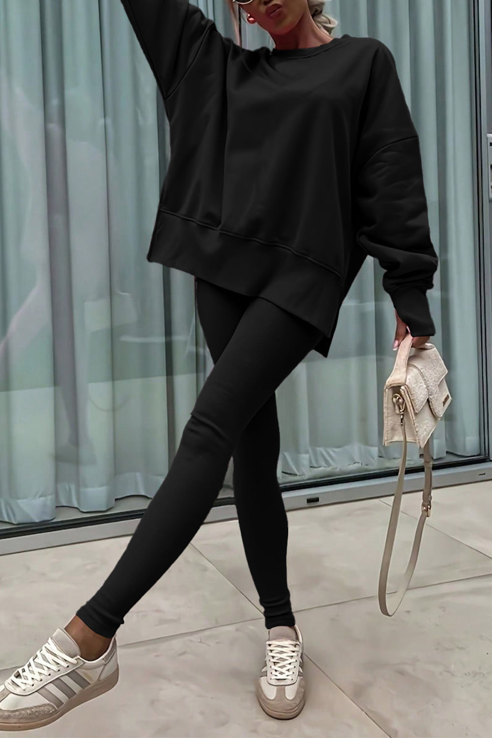 Orchid Mist Solid Color Oversize Slit Sweatshirt Ribbed Leggings 2pcs Set